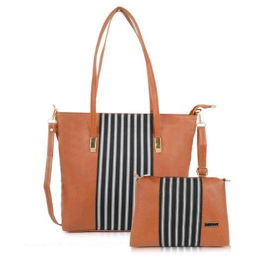 Eveda Brown Striped Tote Bags Combo (Set Of 2)